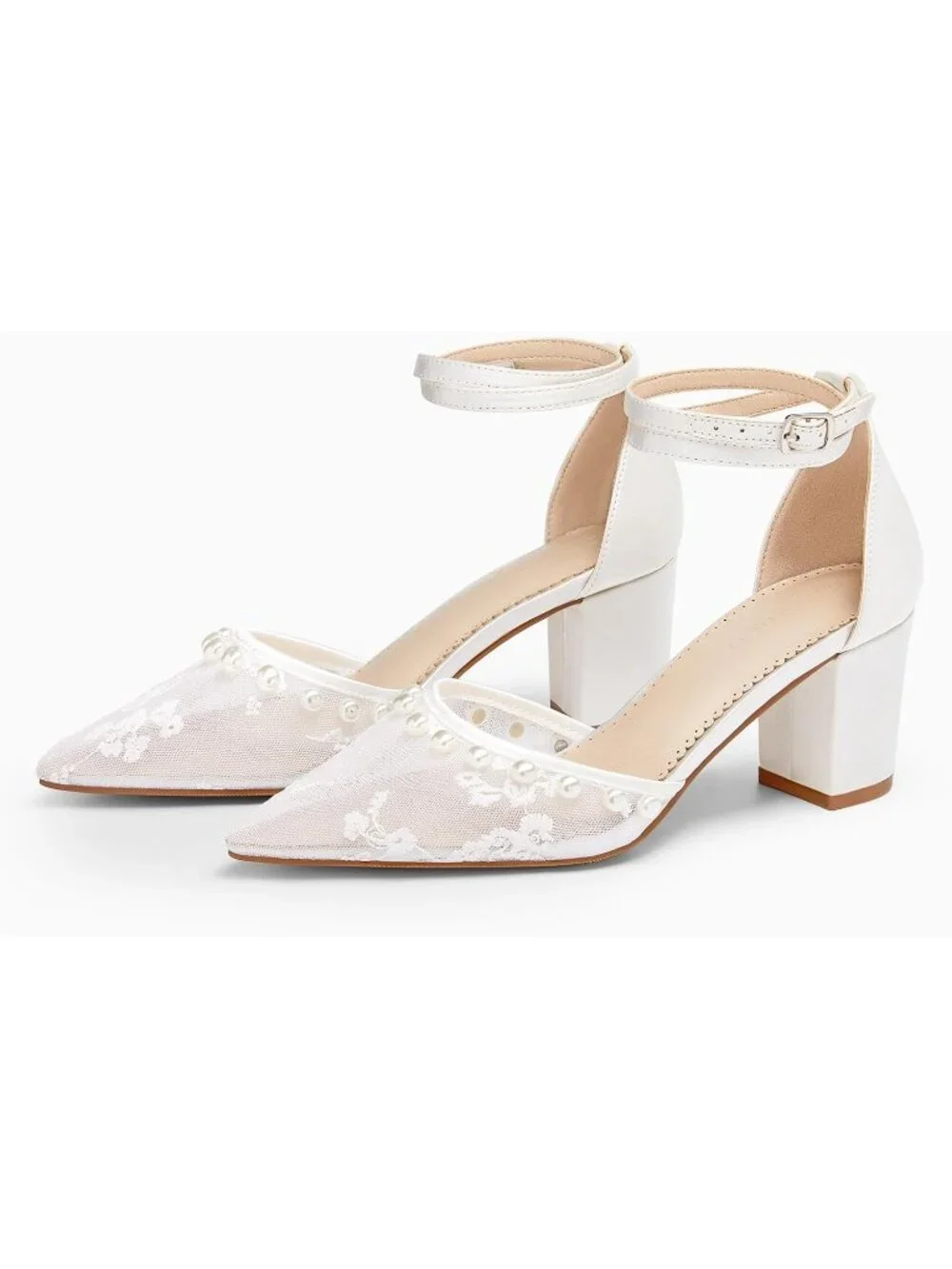 Women's White Lace Pearl Heels Shoes for Bride Closed Pointed Toe Ankle Pump